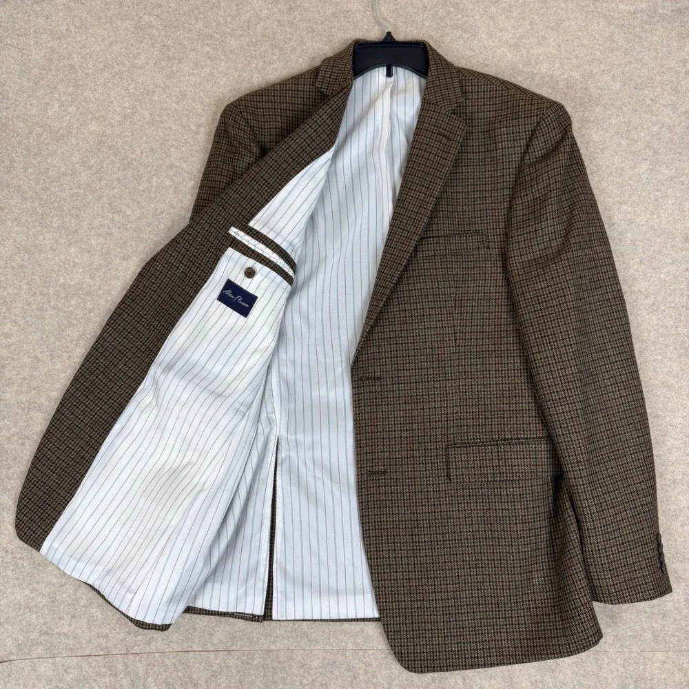 Alan Flusser Sport Coat 42L Lambswool Houndstooth Brown Blazer 2-Button Jacket